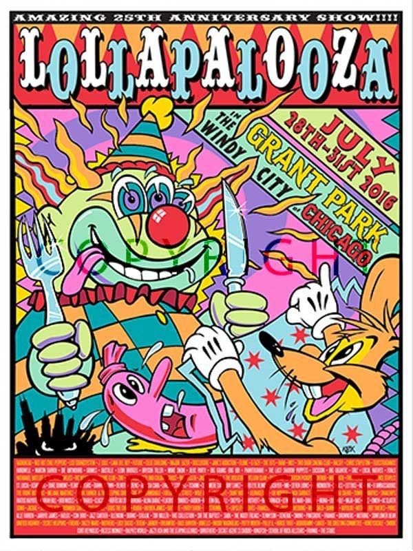 LOLLAPALOOZA 2016 POSTER: LOLLAPALOOZA CHICAGO 2016 POSTER with ALL THE BANDS ! Art by Frank Kozik.