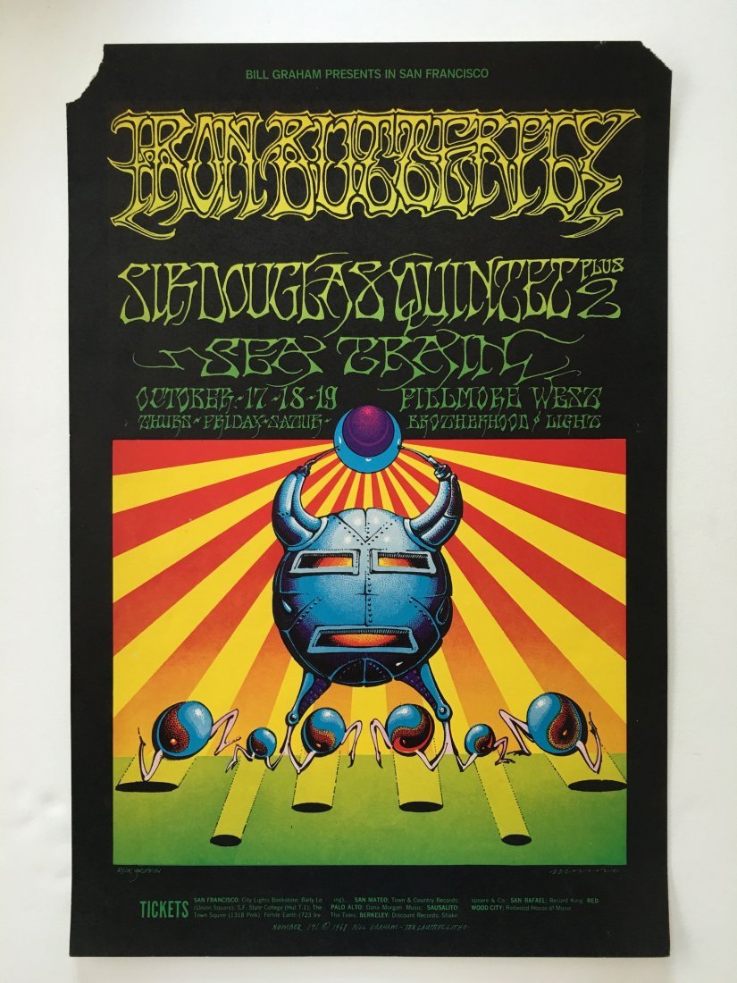 IRON BUTTERFLY - BG141 - 1ST.: IRON BUTTERFLY - BG141 - 1ST. Missing top left and right corners. Framed will be EXCELLENT ! Near mint except for 2 corners. Art by Rick Griffin and Moscoso.