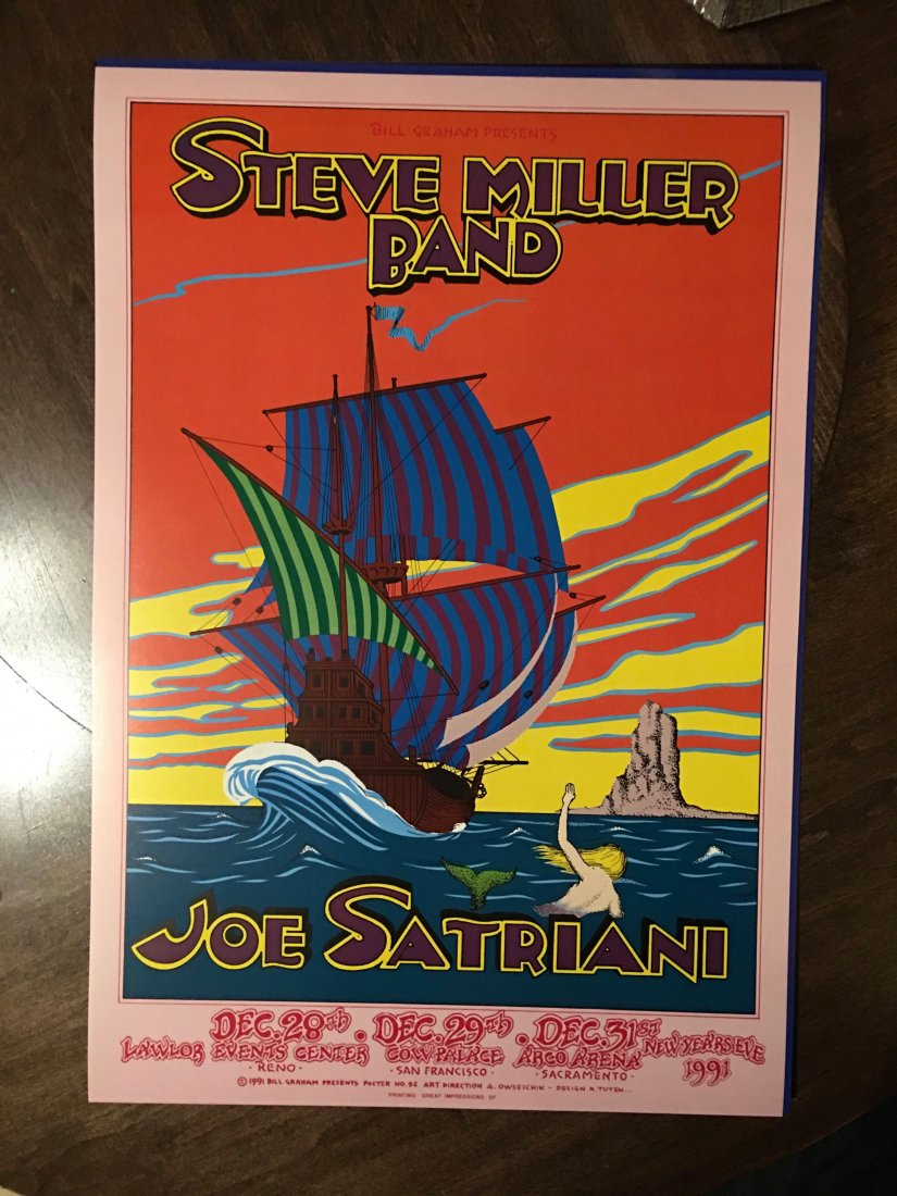 Steve Miller Band Poster: New Year's Eve PERFORMER Steve Miller Band Joe Satriani ITEM NUMBER BGP052 ARTIST Randy Tuten DATE Dec 31, 1991 VENUE Arco Arena (Sacramento, CA) SIZE 13" x 19" CONDITION Mint