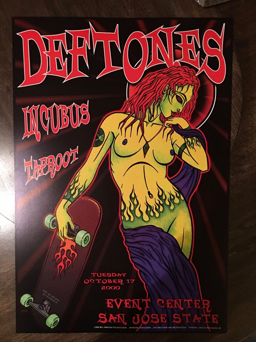 Deftones Poster: Deftones Incubus Taproot ITEM NUMBER BGP246 ARTIST Chris Shaw DATE Oct 17, 2000 VENUE San Jose State Event Center (San Jose, CA) SIZE 13" x 19" CONDITION Mint
