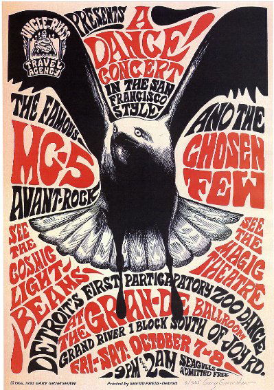 REPRO - MC5, Grande Ballroom, October 1966: MC5, Grande Ballroom, October 1966. This reproduction is of a poster for a show at the Grande Ballroom, Detroit, promoted by Russ Gibb, 7-8 October 1966. Artists billed are: MC5, and The Chosen Few. T