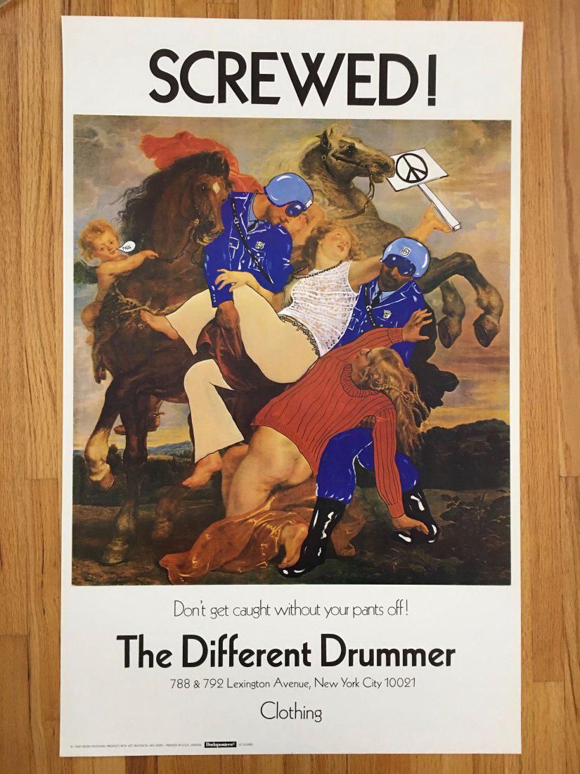 SCREWED - VINTAGE DIFFERENT DRUMMER NY STORE POSTER: SCREWED - VINTAGE DIFFERENT DRUMMER NY STORE POSTER. VINTAGE DIFFERENT DRUMMER NY STORE POSTER. VERY RARE CLOTHING STORE PROMOTIONAL POSTER FROM THE NEY YORK CITY STORE CALLED THE DIFFERENT DRUMMER. T