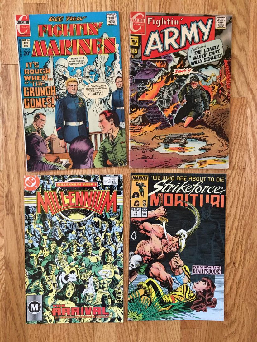 COLLECTION LOT OF 4 COMICS: COLLECTION LOT OF 4 COMICS. Marvel Comics - Strikeforce Morituri Vol 1 #19 - 1988DC Comics - Millennium Week 1 - The Arrival - #1 !!!! 1987<Charlton Comics - All New Fightin' Marines #106 - 1972Charlt