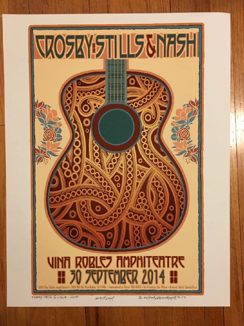 CSNY - Artist Proof by David Byrd: 2014. Signed by artists, artist proof. Crosby Stills Nash and Young concert at Vine Robles Amphitheater. California. Mint.