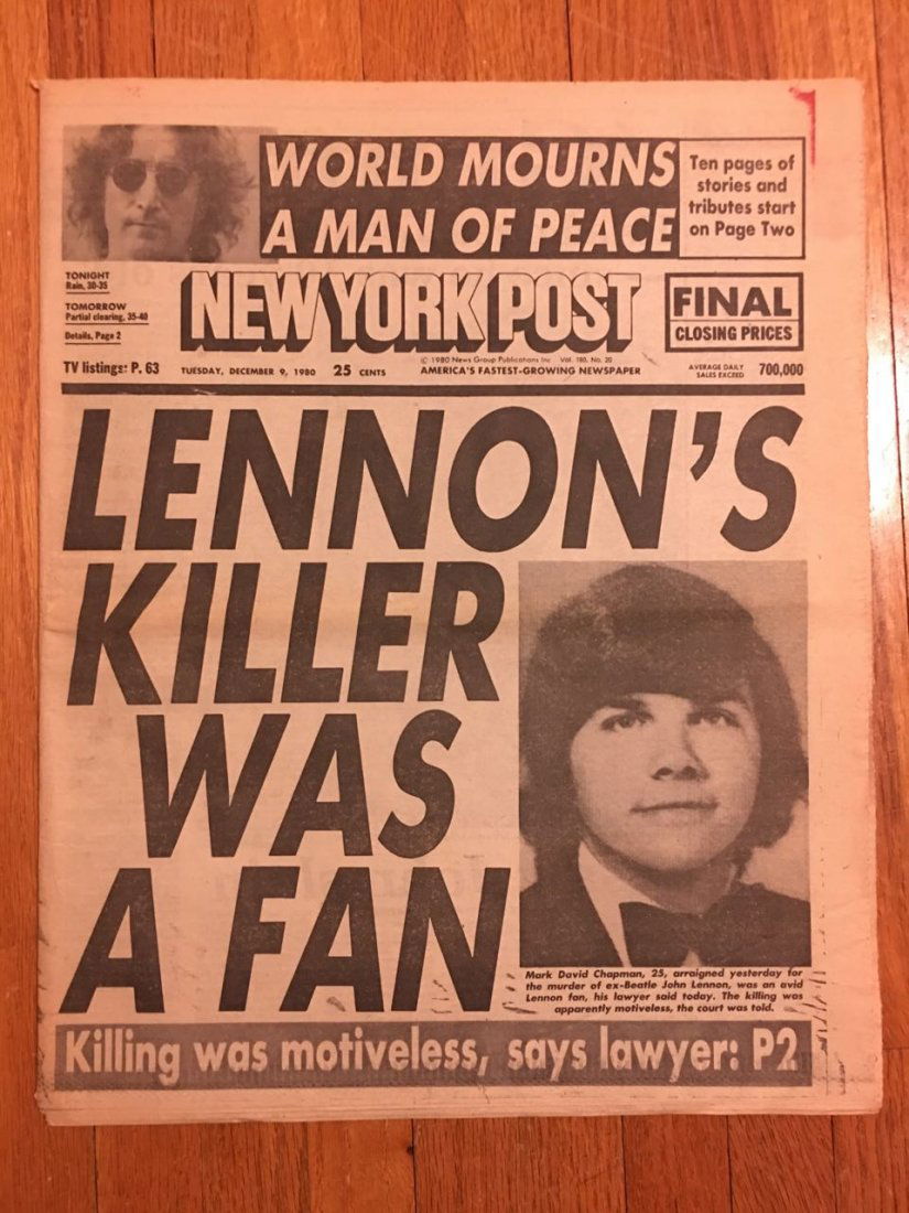 NEW YORK POST - DEC 9, 1980 - JOHN LENNON'S DEATH: NEW YORK POST - DEC 9, 1980 - JOHN LENNON'S DEATH