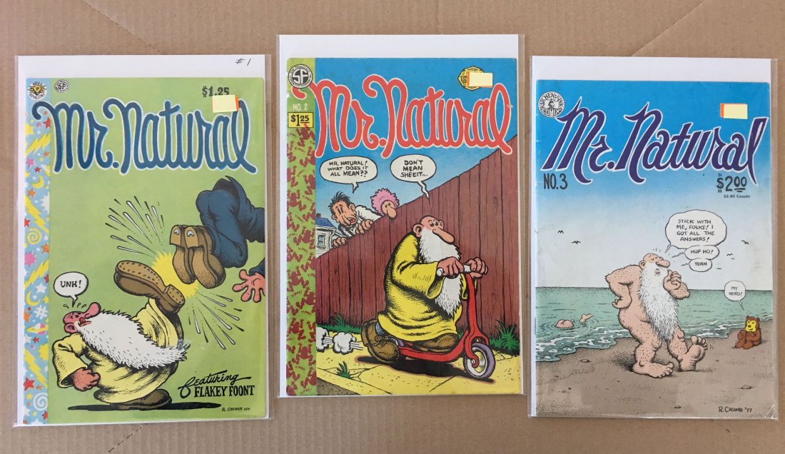 MR. NATURAL #1, #2, #3: MR. NATURAL #1, #2, #3. Sealed in plastic. Underground / Adult Comix. Good condition in Ungraded 8.0+ condition. Apex Novelties. Kitchen Sink.