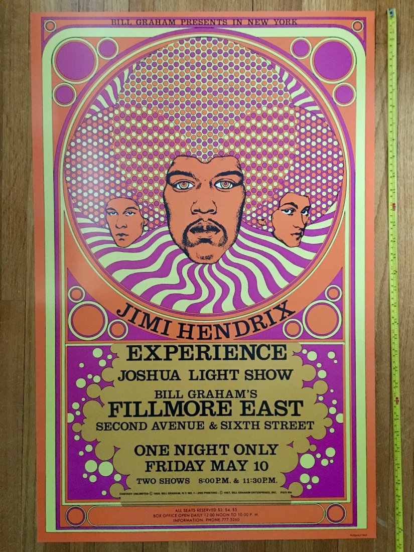 Jimi Hendrix Experience Poster - FME007 - 4th: David Byrd used a drop-bow compass to draw the little circles, and he labored to get Hendrix's hair "... Just right." Hendrix was at the height of his career in mid-1968, and he did two shows for the