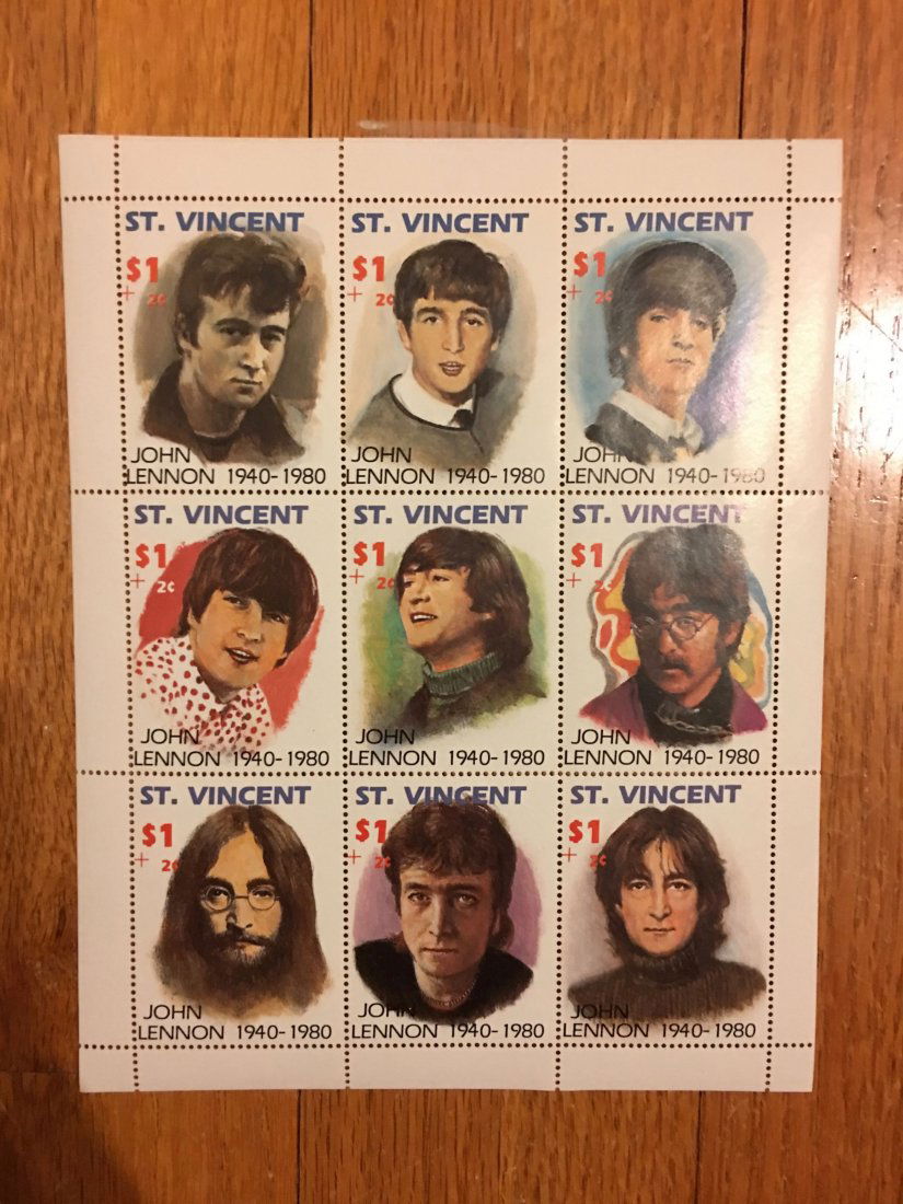 John Lennon St. Vincent Stamps - FIRST DAY OF ISSUE: John Lennon St. Vincent Stamps - FIRST DAY OF ISSUE. Suitable for framing. 9 stamps on a first pressing sheet. Mint condition.