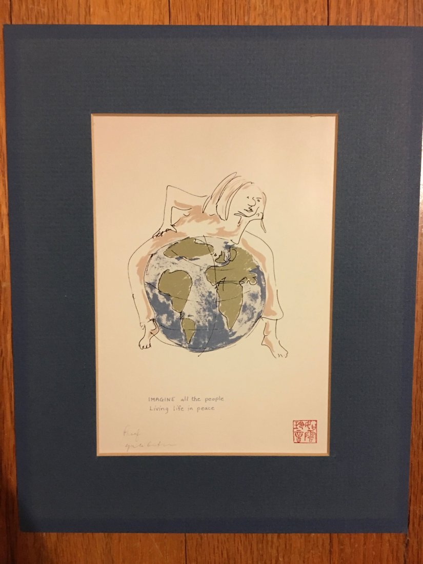 JOHN LENNON MATTED IMAGINE ALL THE PEOPLE: JOHN LENNON MATTED IMAGINE ALL THE PEOPLE. Salesman / art broker sample print. Used to advertise the limited edition serigraph from John Lennon and Yoko Ono. - Imagine All The People - was a Serigraph