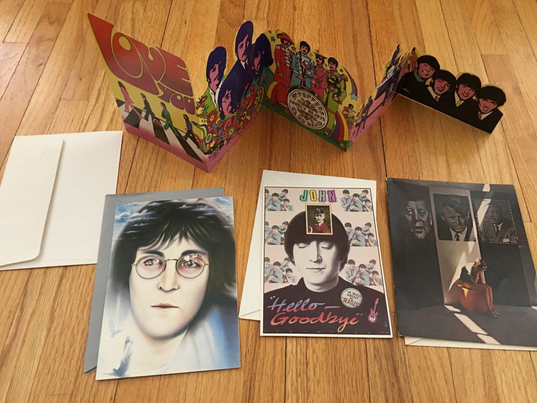 BEATLES GREETING CARD COLLECTION #5 - JOHN LENNON: BEATLES GREETING CARD COLLECTION #5 - JOHN LENNON. 1980s. You get all 4 cards including an amazing All you need is LOVE card, two john lennon cards and JFK / MLK remembrance card.
