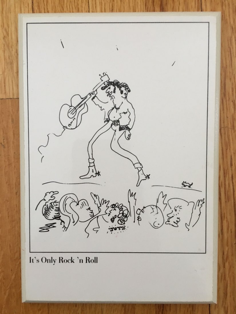 JOHN LENNON DRAWING PLACARD - ITS ONLY ROCK AND ROLL: JOHN LENNON DRAWING PLACARD - ITS ONLY ROCK AND ROLL. Original drawing screened onto wood placard. VG. about 8 inches tall.