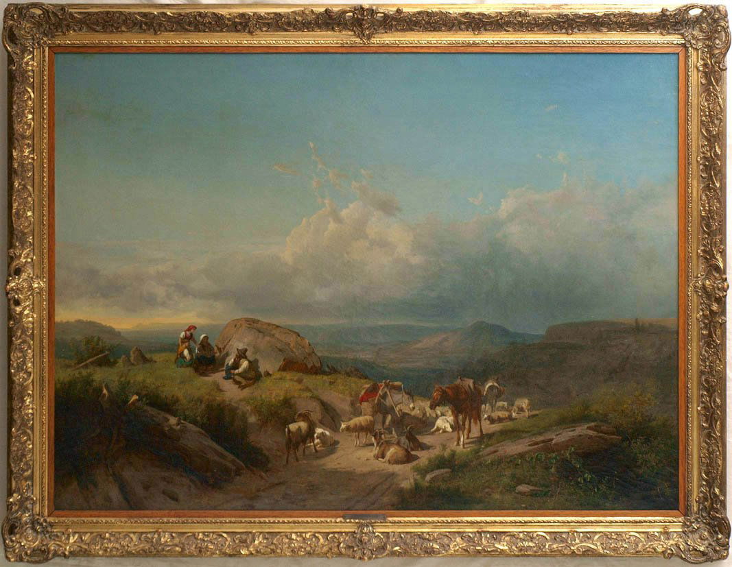 Marko, Andreas (1824 - 1895): Weite norditalienische Landschaft. Im Vordergrund lagern ein Mann und zwei Frauen mit ihren Tieren. Im Hintergrund blickt man auf einen Gebirgssee unter gewittrigen Wolken. Öl/Lwd., links unten sign.