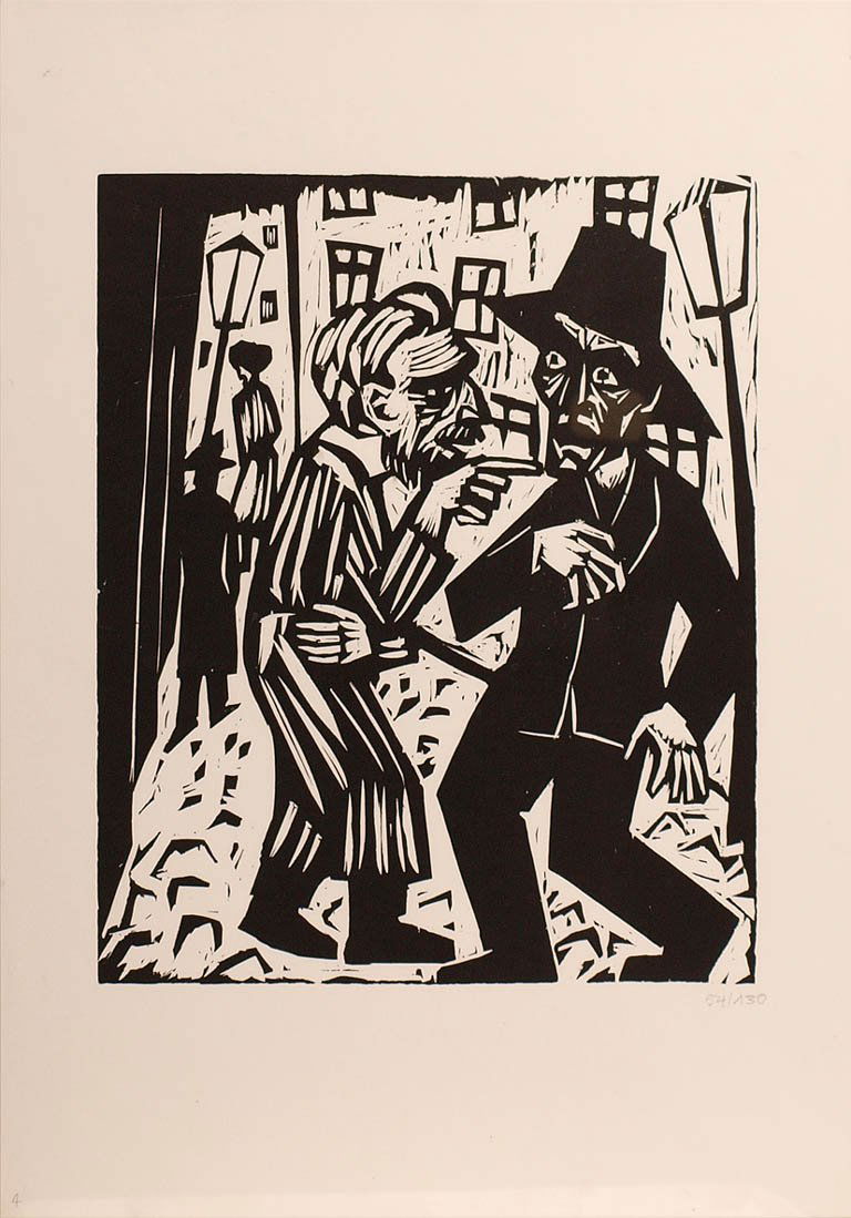 Scherer, Hermann, 1893 - 1927: Originalholzschnitt von 1926, bet. 'Der Mörder' aus 'Raskolnikow', rechts unten num. 54/130. Blattgröße 50x35cm.