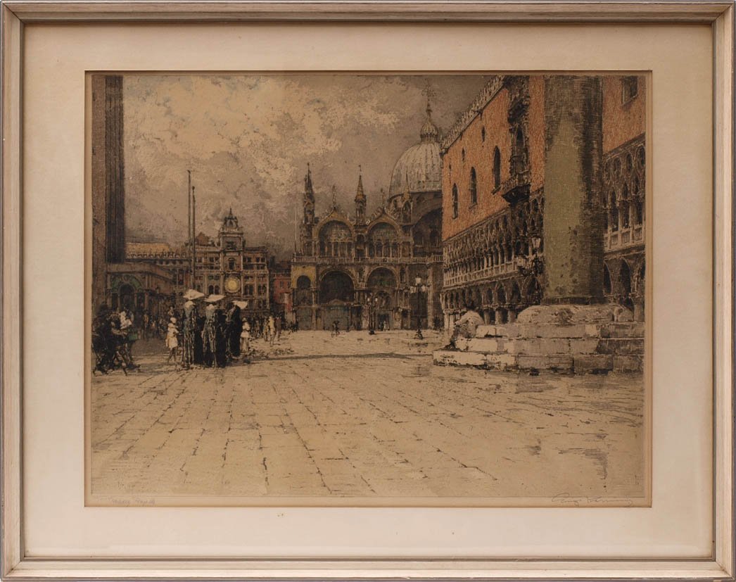 Kasimir, Luigi, 1881 Pettau - 1962 Wien: Blick auf die Piazza San Marco in Venedig mit dem Campanile. Reiche Figurenstaffage. Farbradierung, rechts unten handsign., links unten handschr. bez. und num. 108/300, ger. Innenmaß des Passepa