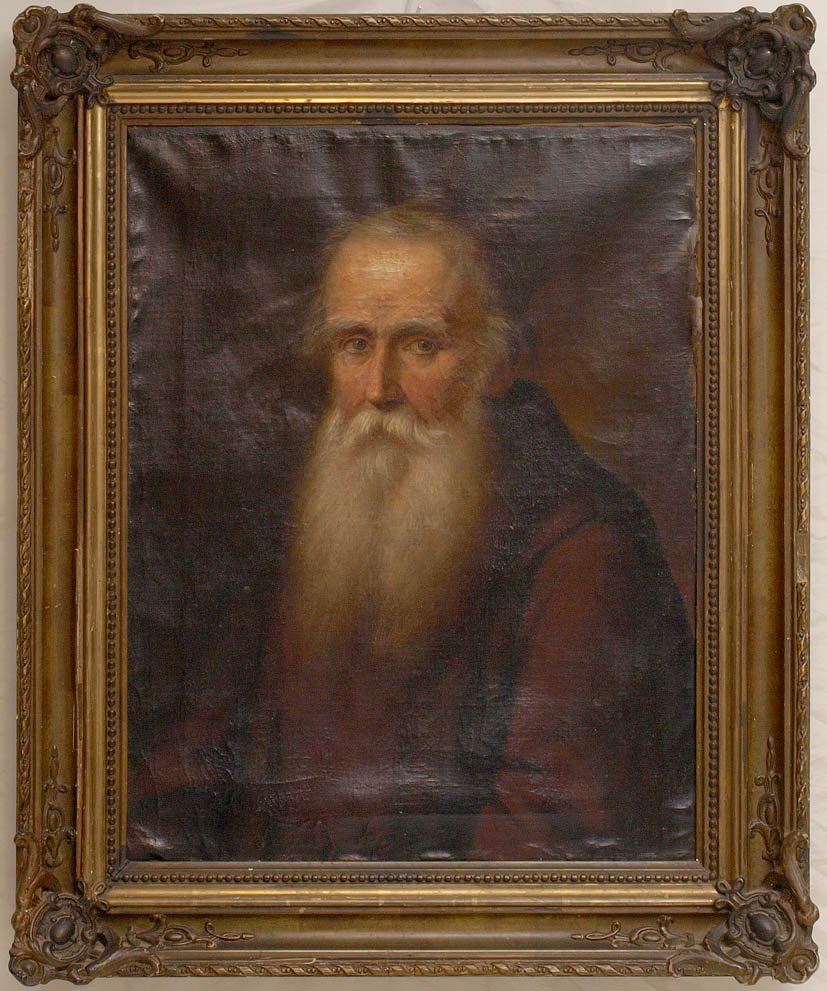 Portraitist, 18./19.Jhdt.: Brustbild eines den Betrachter anblickenden alten Herrn mit langem, weißem Bart und pelzbesetzter Jacke. Öl/Lwd., Prunkrahmen aus dem 19.Jhdt. Bildgröße 62x48cm. Krakeluren, eine