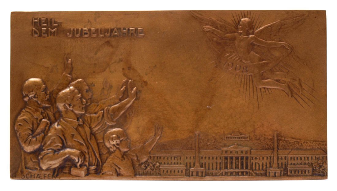 Schaefer, Henry Thomas, 1873 - 1915 (attr.): Bronzeplakette mit Blick auf Schloss Belvedere bei Wien, über dem ein Siegesengel schwebt. Daneben vier Gestalten mit gehobenen Armen. Links unten sign. und dat.1908, verso bez. 'Am Brand'. 10x19
