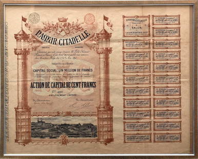 Aktie mit Coupons, Belgien, dat. 1895: Bez. 'Namur Citadelle', ger. Außenmaß des Rahmens 41x51cm.