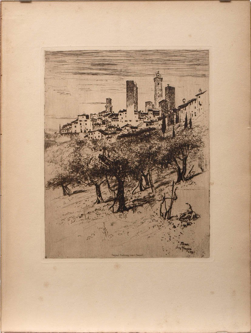 Pennell, Joseph, 1860 - 1926: Blick auf San Gimigniano. Radierung, rechts unten in der Platte sign., bet. und dat. 1923, rahmenloser Glasträger. Blattgröße 40x30cm.