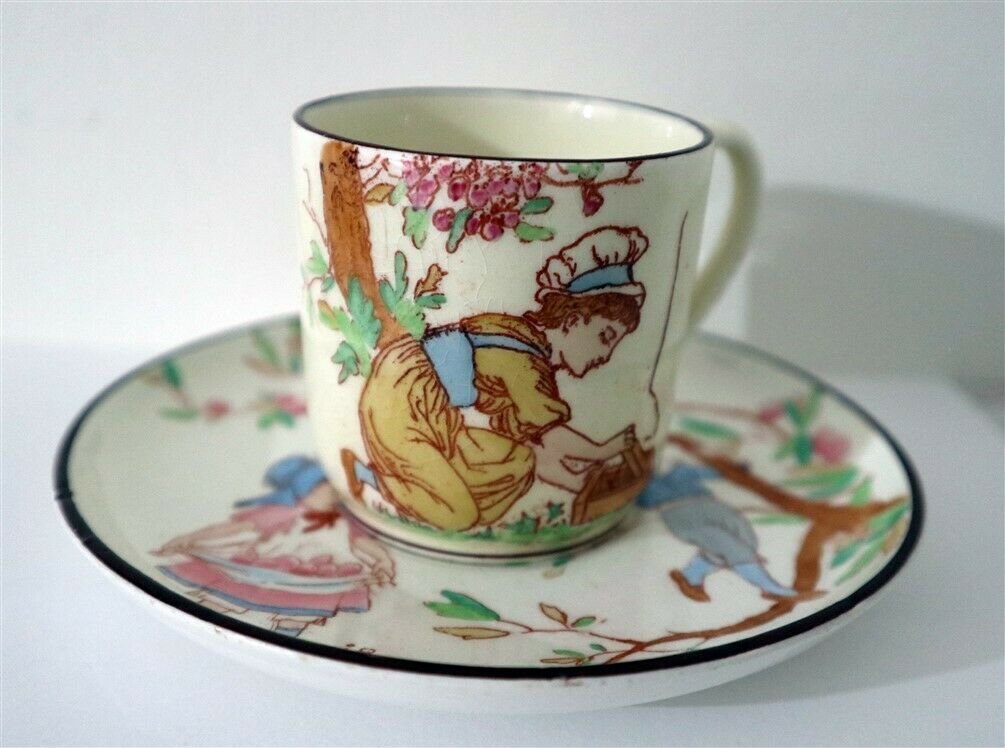 WEDGWOOD Kate Greenaway Demitasse & Saucer c1880 Scarce c2082: A KATE GREENAWAY STYLE WEDGWOOD DEMI TASSE c1880This scarce demitasse is in very good condition, free from chips. It is incised Wedgwood on its base and has the star incision too. Not a common piece. 