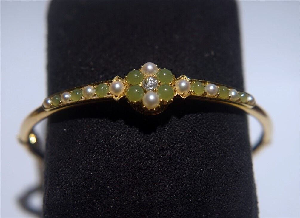 Beautiful c1900 18kt Bangle Bracelet With Jade Pearls and Diamond European: AN 18KT YELLOW GOLD ANTIQUE BANGLEThis superb bangle is in very good condition, tested at 18kt and guaranteed. It came from European and is set in a diamond, jade and natural pearl setting. A truly st
