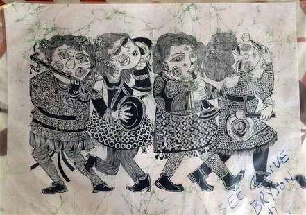 TAIWAN REPUBLIC CHINA c1940 Batik Medieval Musicians Scene 23" x 17": A BATIK PAINTING - GIRL TROUPEThis batik painting dates to ca1940 and depicts a scene of a troupe of medieval musicians and was made in Taiwan when it was part of the Republic Of China, ca1940. It mea