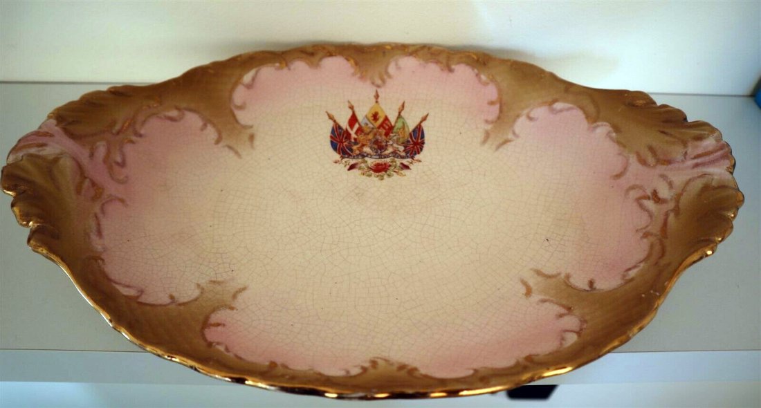 SIMON FIELDING Royal Khaki 14" Commemorative Serving Platter c1890: A SIMON FIELDING ROYAL KHAKI SERVING PLATTER - This platter is in good condition with some loss of gilt at the edges and with some aged crackalure. It dates to ca1890 and measures 14" at its widest po