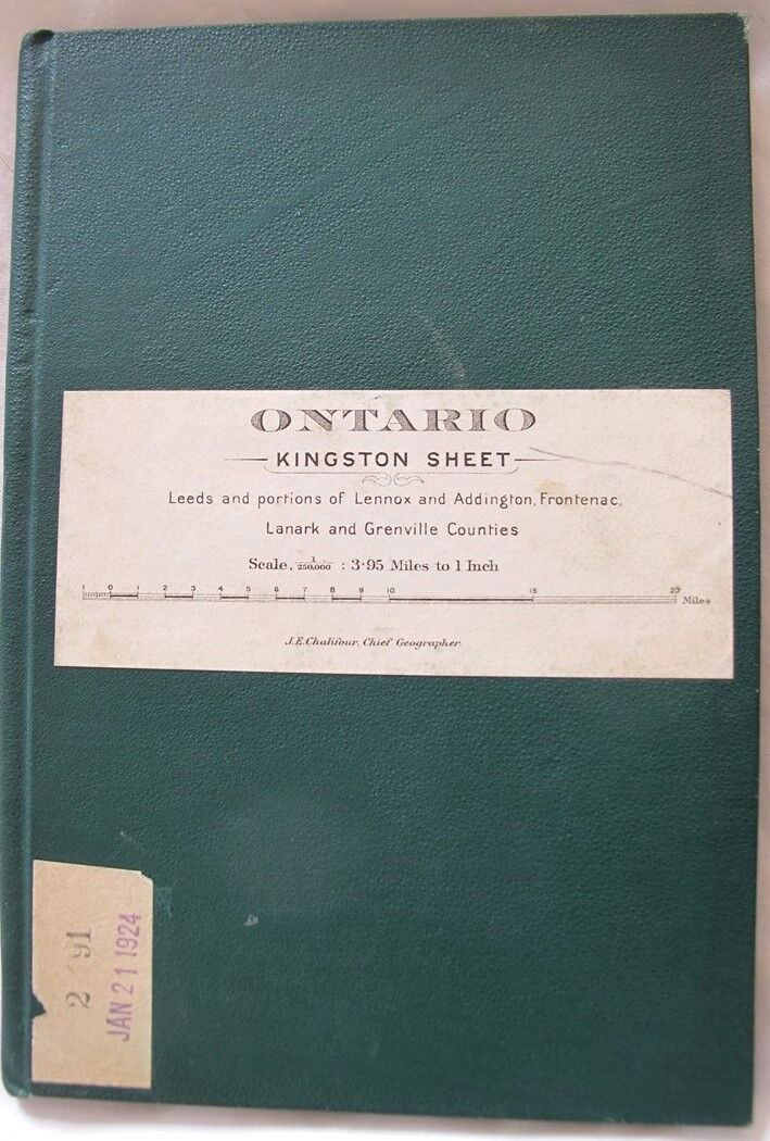 JOSEPH CHALIFOUR 1915 Map of Ontario Kingston Linen Backed 33" x 18" RARE!: JOSEPH CHALIFOUR - MAP OF ONTARIO (KINGSTON SHEET)This very rare mapping by Joseph Epiphane Chalifour is in very good condition and was published in 1915. It is linen backed and bound in green cloth b