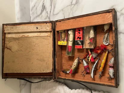 Antique Hand Made Fishing Tackle Box With Lures: This box dates to c1900 and is hand-made and contains some fishing lures.