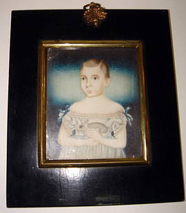 C18th Miniature Painting on Ivory Child & Rabbit: A GEORGIAN MINIATURE PAINTING ON IVORY This superb little painting is in very good condition, and depicts a little boy in Christening garb holding a rabbit. The painting is beautifully executed as can