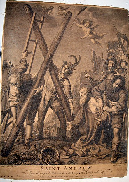 John Boydell Engraving St Andrew Crucifixion 1763: Saint Andrew. From the Original Picture, in the Collection of Thos. Duncomb Esqr. Carolus Dolci pinxt. Carol: Faucci Sculpt. Publish'd according to Act of Parliament by J. Boydell Engraver in Cheapsid