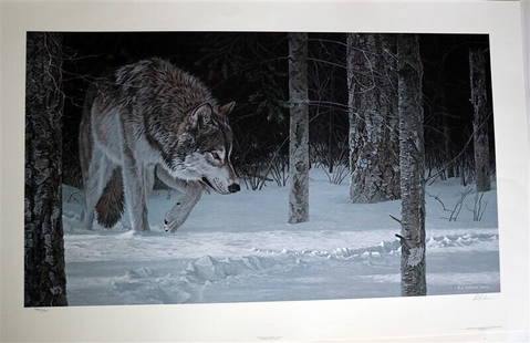 R. S. PARKER L / Edition Litho Print Wolf 1446/1500 Mill Pond 37" x 24" 1989: R. S. PARKER L / Edition Litho Print Wolf 1446/1500 Mill Pond 37" x 24" 1989 - R. S. PARKER"MOONLIT TRACKS"This print is in very good condition, published by Mill Pond Press in 1989, measures 37" x