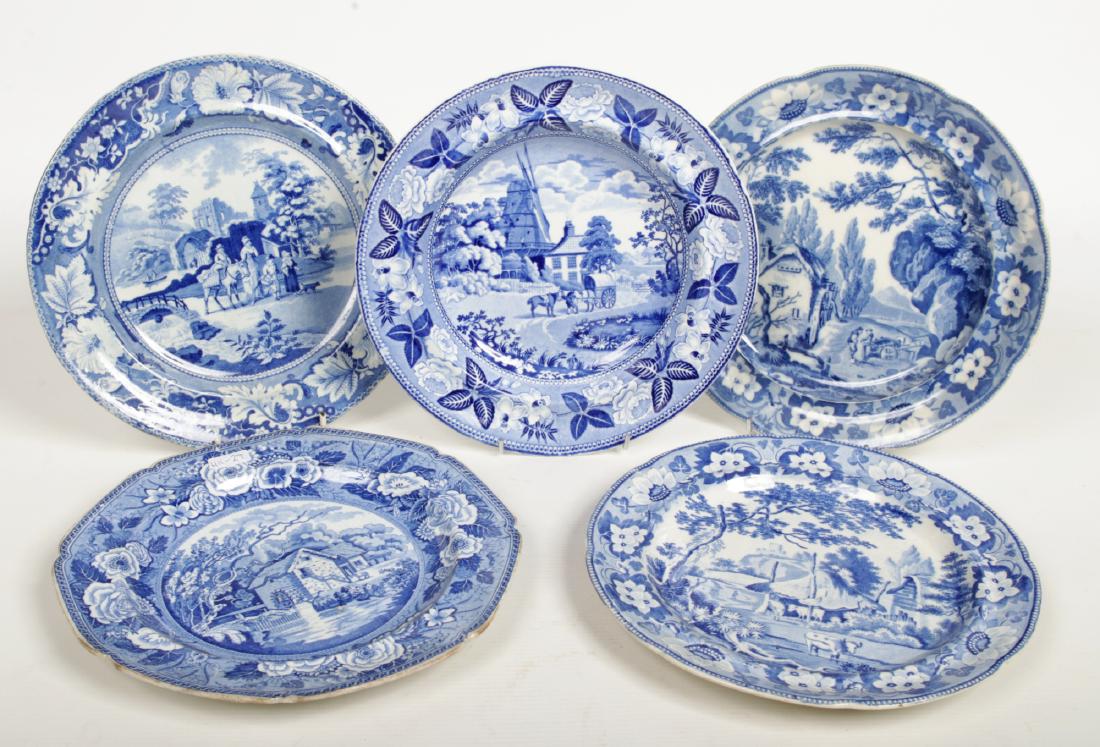 Five early 19th century English pottery blue and white