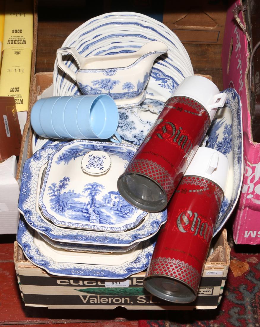 A box of Masons ironstone blue and white dinnerware's: A box of Masons ironstone blue and white dinnerware's along with two Adams tureens, meat plate and a sauce tureen and two commemorative thermos flasks.