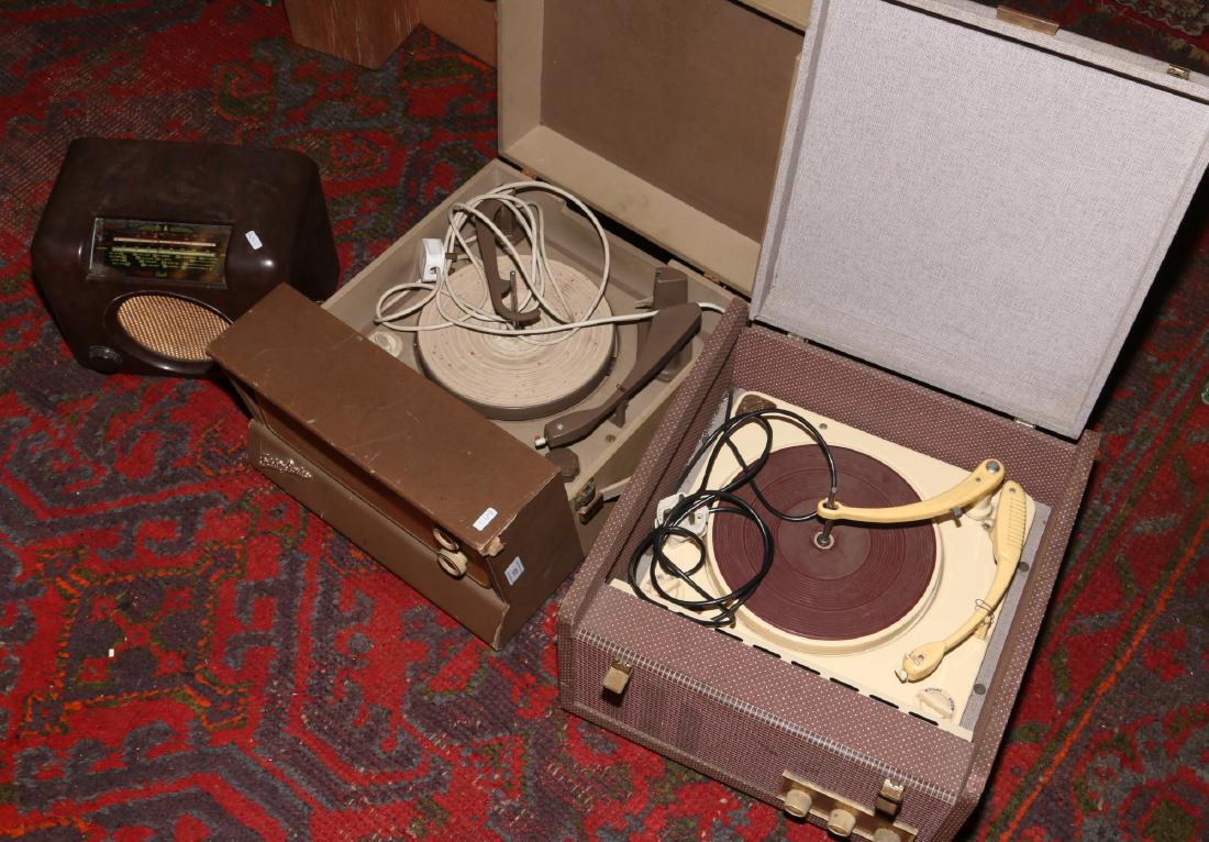 Two vintage portable record players; Ecko and Fidelity: Two vintage portable record players; Ecko and Fidelity radio along with a Bush Bakelite valve radio.