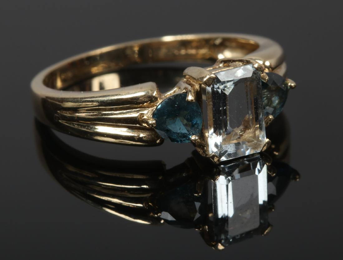 A 9ct gold aquamarine and topaz dress ring with reeded (1 of 1)