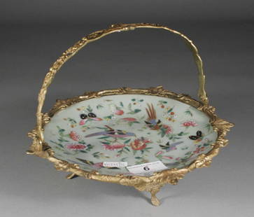 A nineteenth century Cantonese Celadon dish with Fre: A nineteenth century Cantonese Celadon dish with French ormolu mounted stand and swing handle, 9''.