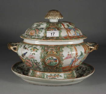 A twentieth century Cantonese soup tureen cover and: A twentieth century Cantonese soup tureen cover and stand, decorated with stylized borders and reserves containing figures, birds and flowers, 12'' wide.