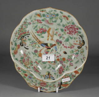 A Cantonese Celadon ground dessert dish, decorated: A Cantonese Celadon ground dessert dish, decorated in coloured enamels with birds, butterflies and flowers, 10''.