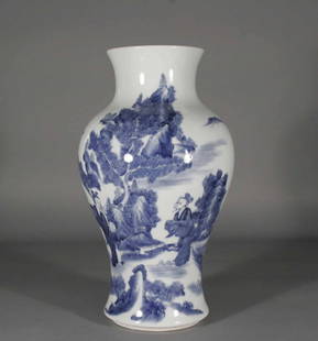 A Chinese baluster mantel vase, painted in undergla: A Chinese baluster mantel vase, painted in underglaze blue with three figures and a deer in a typical landscape, painted concentric rings to the underside, 14''.