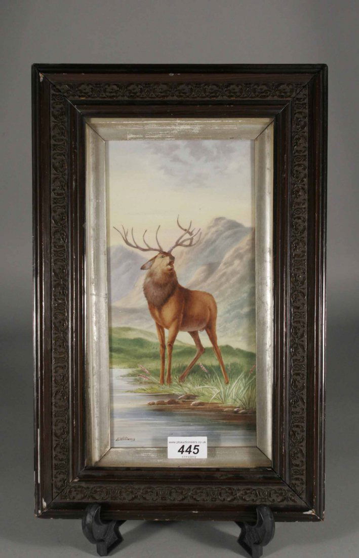 A. Williams Victorian framed enamelled tile, depic: A. Williams Victorian framed enamelled tile, depicting a highland scene with a stag, signed, 11.5'' x 5.5''.