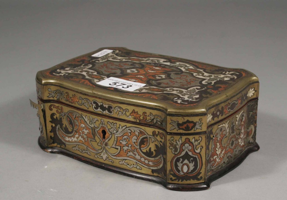 An early twentieth century French Kingwood jewel c: An early twentieth century French Kingwood jewel casket with brass and ivory inlay, 7'' wide.