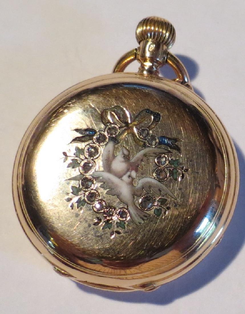 18K Gold & Enamel Pocket watch w/ Diamonds D: 1.5" (1 of 3)