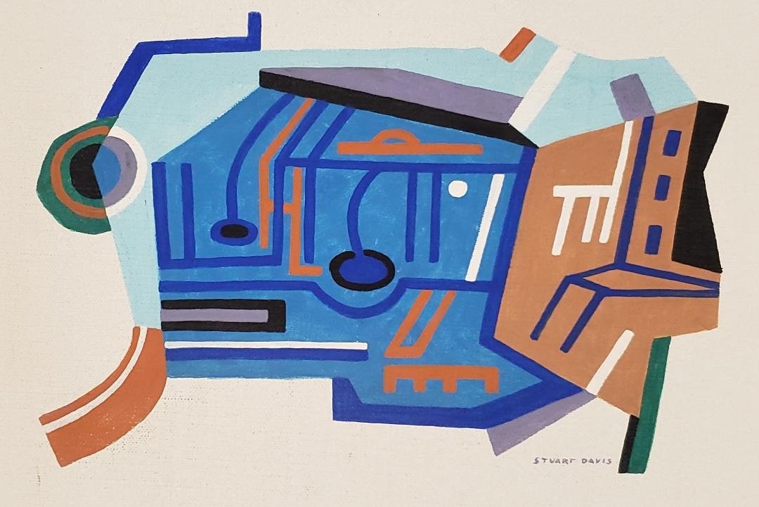 Stuart Davis (Attrib) Gouache on Canvas 9" x 13": FRame: 15" x 19" Shipping in USA $ 100 Stuart Davis, was an early American modernist painter. He was well known for his jazz-influenced, proto-pop art paintings of the 1940s and 1950s, bold, brash, an