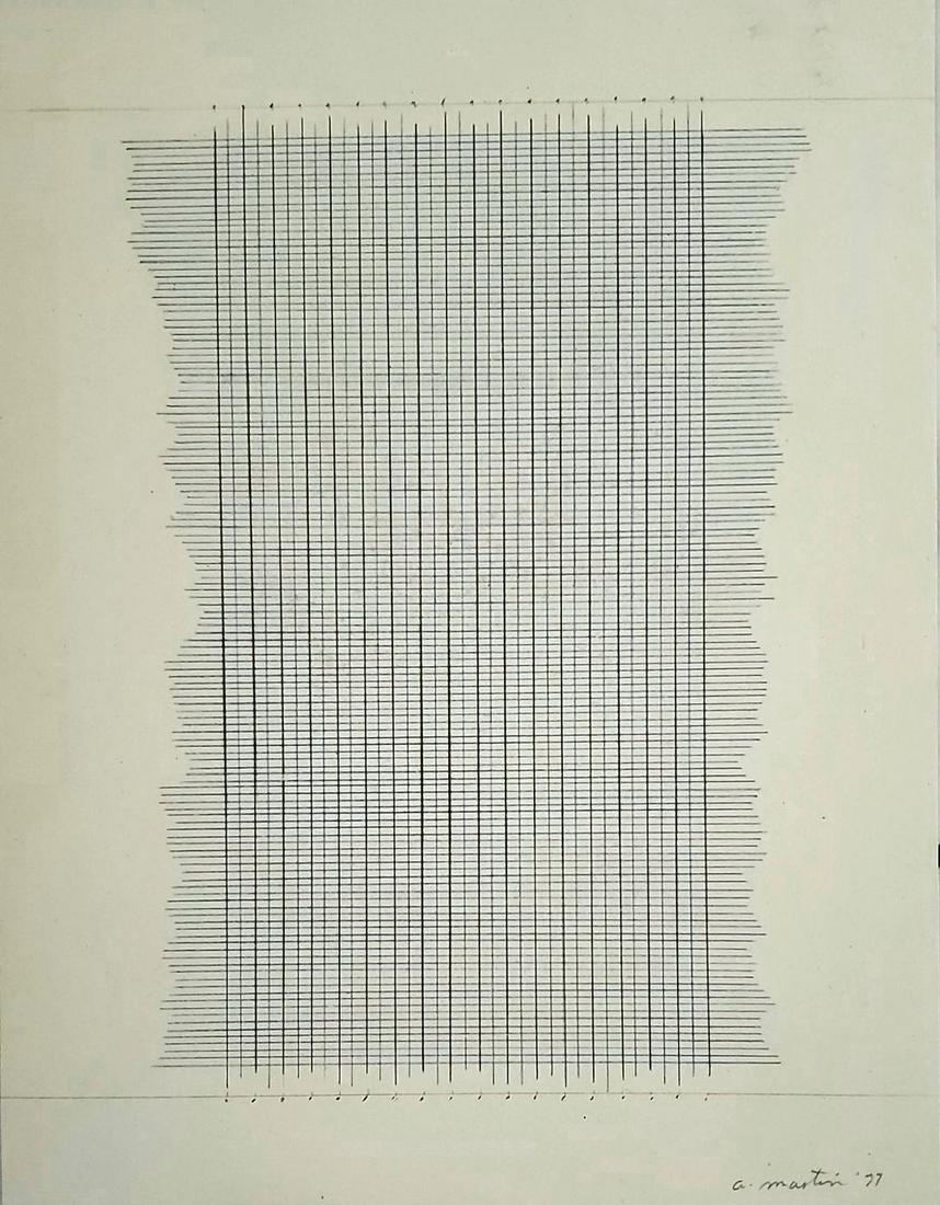 Agnes Martin 1977 Pencil on Paper 16" x 13" No COA: Frame: 20" x 17" Shipping in USA $ 90 Agnes Bernice Martin was a Canadian-born American abstract painter. Her work has been defined as an "essay in discretion on inward-ness and silence". Although she