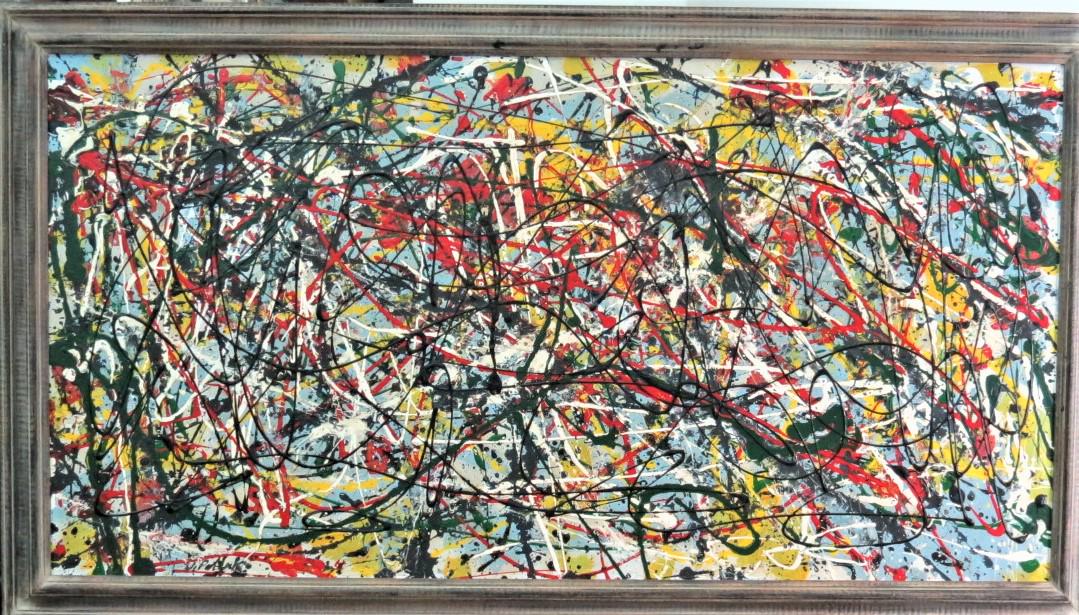 Jackson Pollock (After) Acrylic on Board Art: 36" x 19": Frame: 40" x 23" Shipping in USA $ 160 No COA - Paul Jackson Pollock was an American painter and a major figure in the abstract expressionist movement. He was widely noticed for his technique of pouri