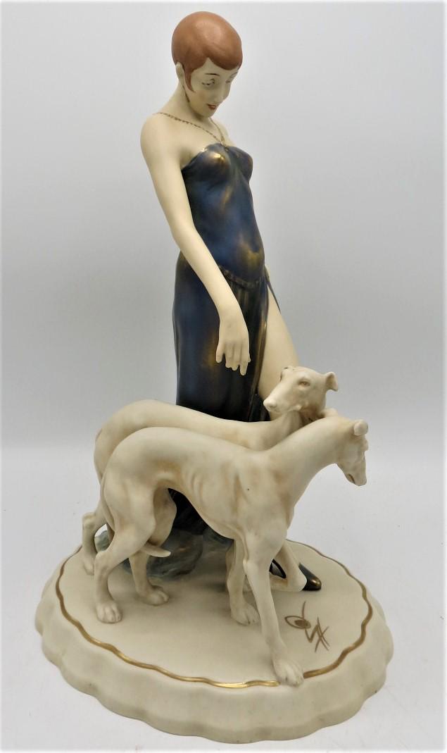 Royal Dux Art Deco Porcelain Woman w/ Dogs H: 15" (1 of 6)