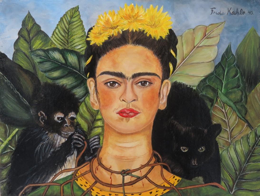 Frida Kahlo Oil on Canvas 16.8" x 12.5" Attributed: Unframed Shipping in USA $ 60 Frida Kahlo was a Mexican painter known for her many portraits, self-portraits, and works inspired by the nature and artifacts of Mexico. Inspired by the country's popula