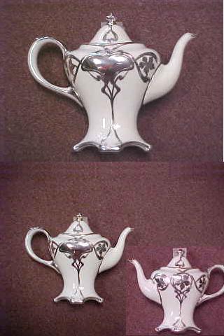 Sterling Silver Overlay Demitasse Pot, Overlay: Maker: La Pierre Mfg. Co., 1888-1929, Porcelain maker: Lenox, 1897-1906, 6 5/8"H x 8" handle to spout, no mono. Shipping in USA $ 30.