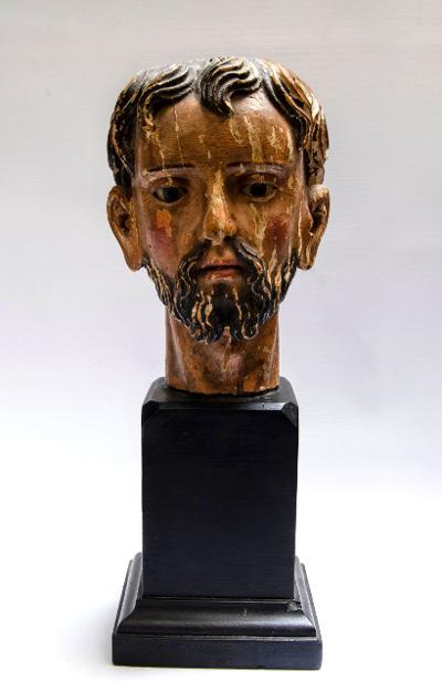 Hand Carved Wood Head of St Francis (XVIII Cent) H: 16" (1 of 3)