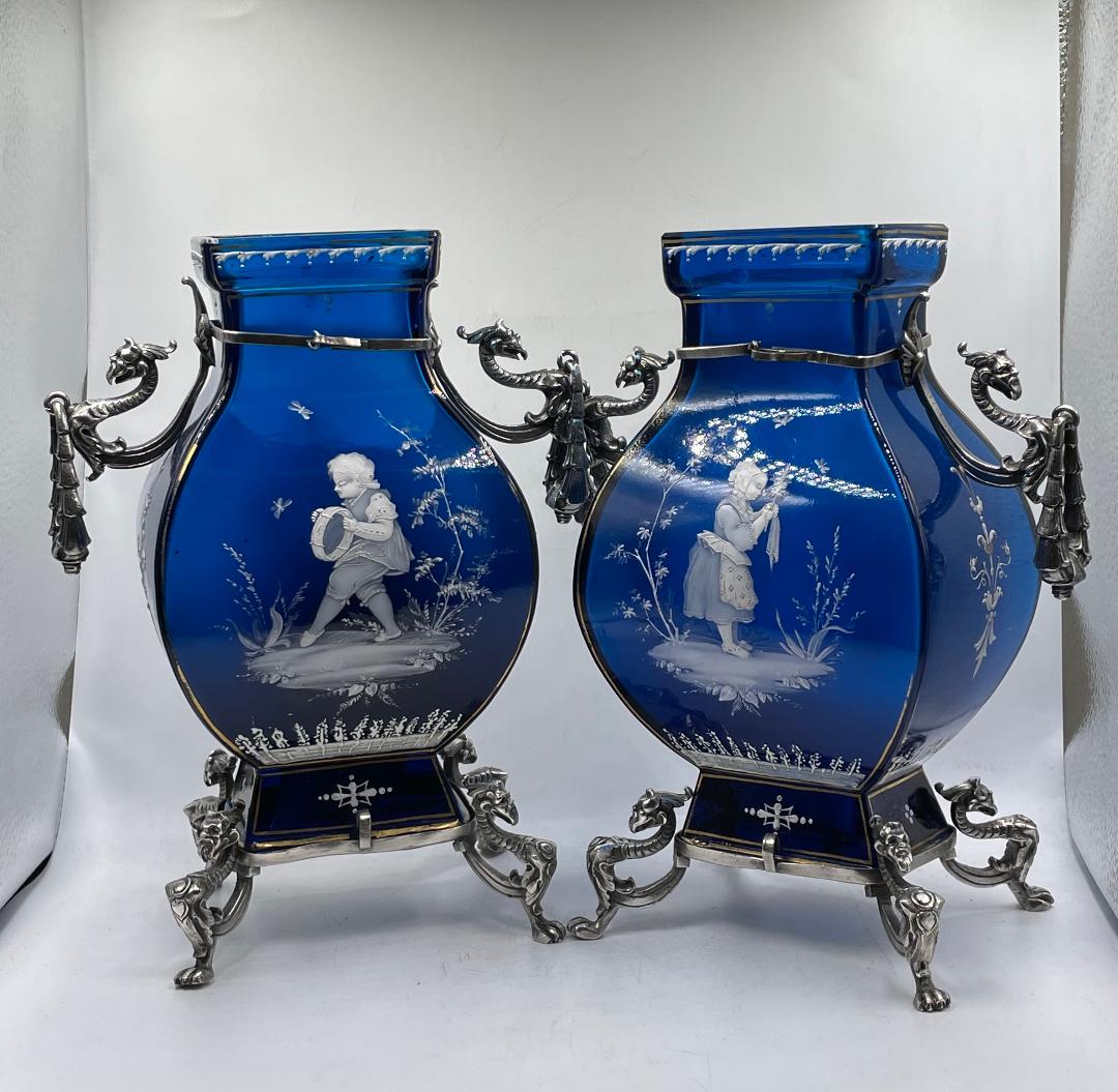 Mary Gregory Pair of Glass & Bronze Vases H: 9" (1 of 6)